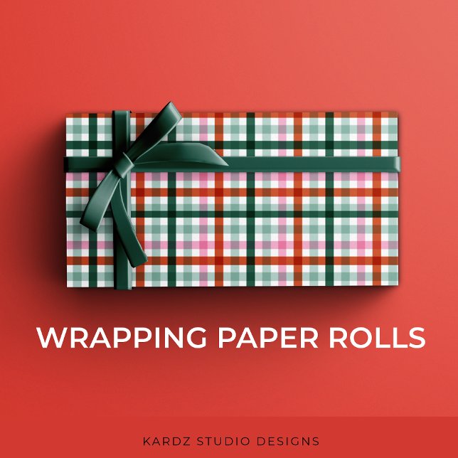 Papel De Regalo Navidades rosados rojos Gingham (Modern Gingham Christmas gift-wrapping roll, with pink, red, and green a trendy holiday pattern.)