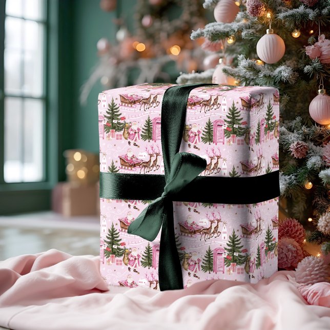 Papel De Regalo Navidades rosados Santa Reindeer North Pole Villag (Pink Christmas Santa Reindeer North Pole Village Wrapping Paper)
