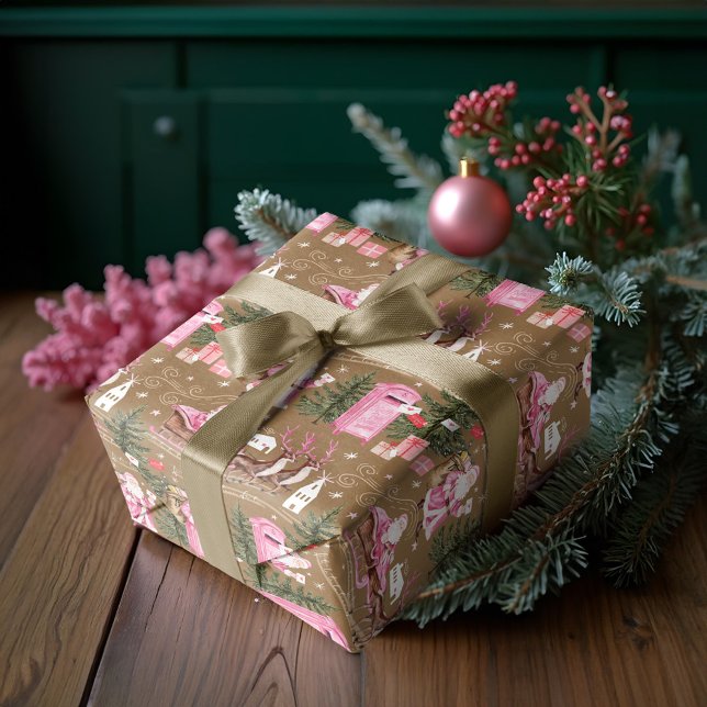 Papel De Regalo Navidades rosados Santa Reindeer North Pole Villag (Pink Christmas Santa Reindeer North Pole Village Wrapping Paper)