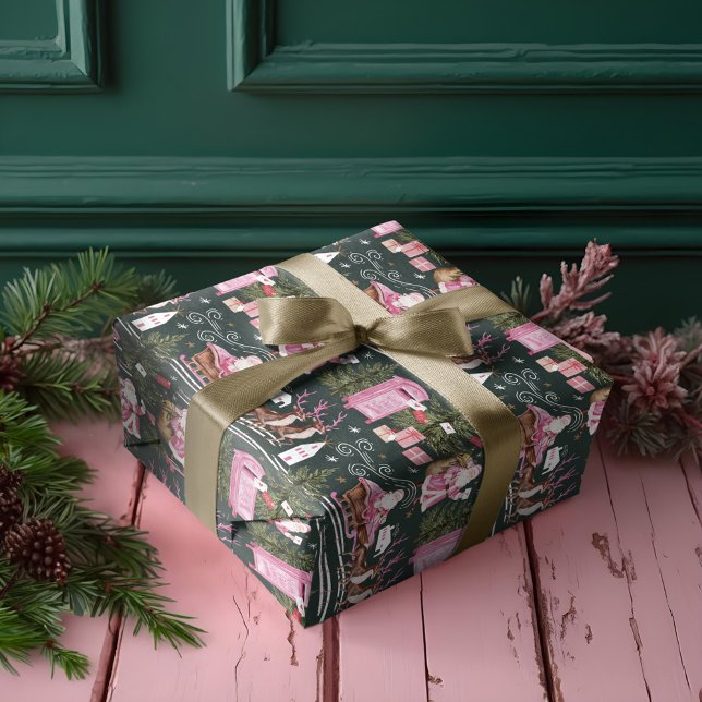 Papel De Regalo Navidades rosados Santa Reindeer North Pole Villag (Pink Christmas Santa Reindeer North Pole Village Wrapping Paper)