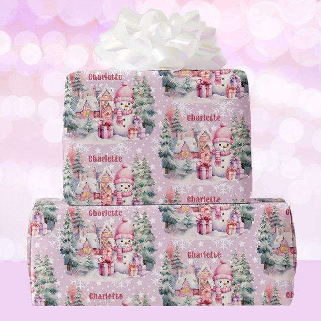Papel De Regalo Navidades rosados Snowman añaden nombre de Chica (Subido por el creador)