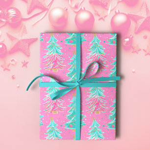 Papel De Regalo Navidades rosas y de menta dan árboles