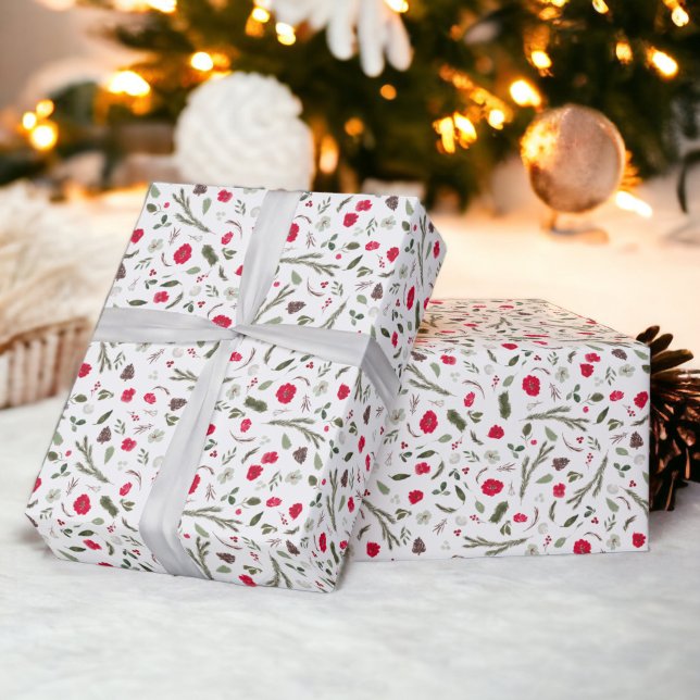 Papel De Regalo Navidades rusos con un patrón de acuarela rojo flo (Rustic Christmas floral red watercolor pattern Wrapping Paper on white)