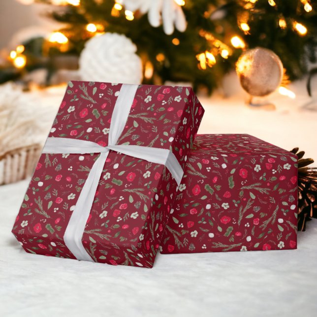Papel De Regalo Navidades rusos con un patrón de acuarela rojo flo (Rustic Christmas floral red watercolor pattern Wrapping Paper)
