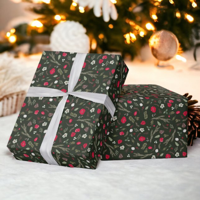 Papel De Regalo Navidades rusos con un patrón de acuarela rojo flo (Rustic Christmas floral red watercolor pattern Wrapping Paper)