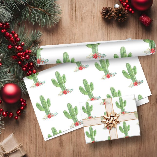 Papel De Regalo Navidades rusos festividades florales en Cactus (Rustic Christmas Cactus Floral Holiday Wrapping Paper)
