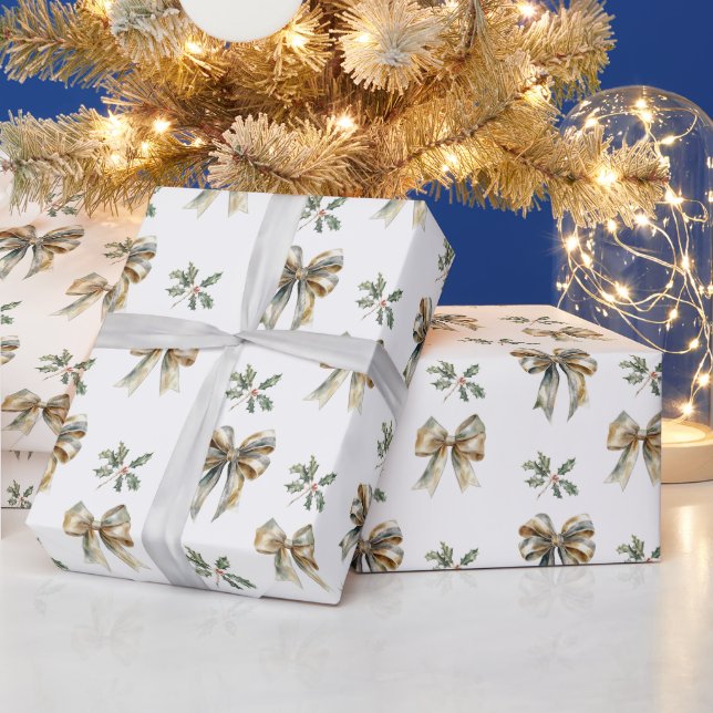 Papel De Regalo Navidades Rustic Green Gold Bows Holly (Vacaciones)