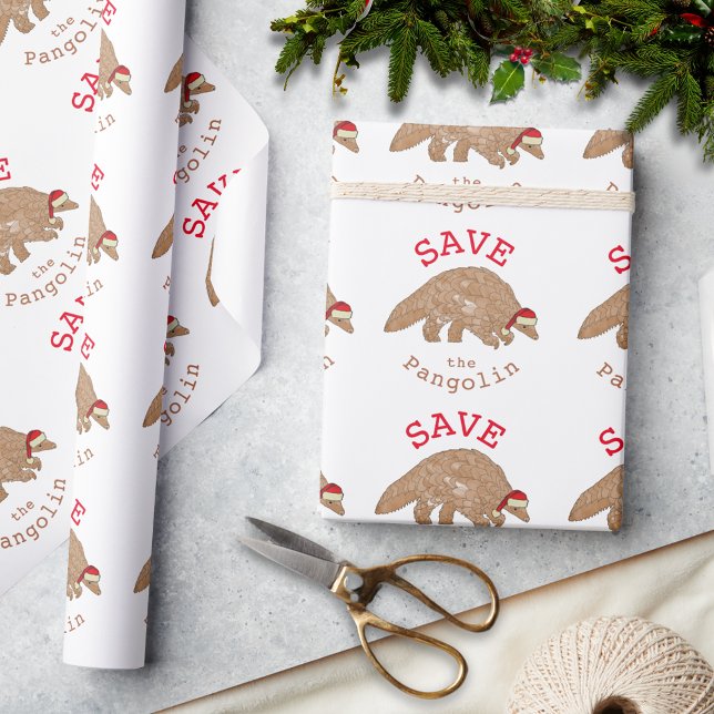 Papel De Regalo Navidades salvan el lema pangolín (Christmas pangolin wearing a Santa hat holiday wrapping paper with save the pangolin slogan)