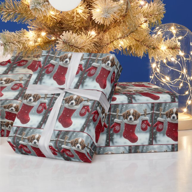 Papel De Regalo Navidades San Bernardo Cachorro en rojo (Vacaciones)
