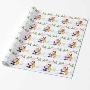 Papel De Regalo Navidades Santa con reno, bayas y nieve