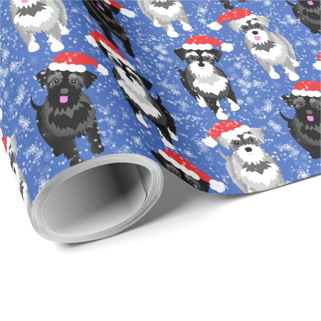Papel De Regalo Navidades Schnauzers en Santa Hats Blue Snowflakes (Esquina del rollo)