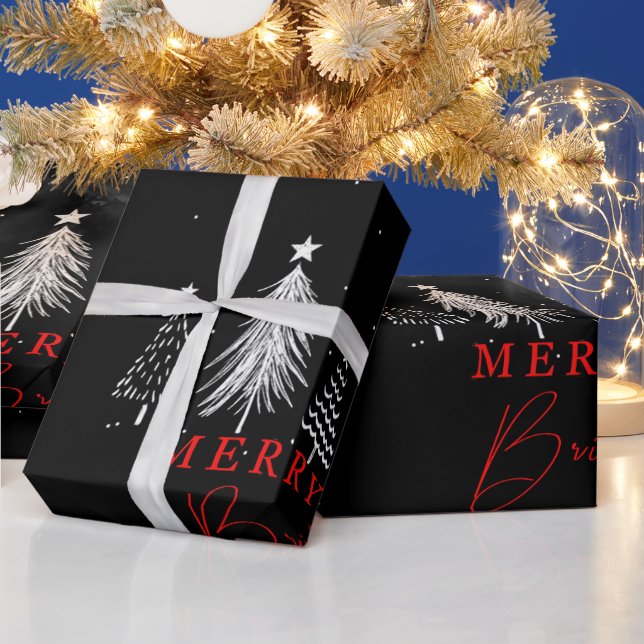 Papel De Regalo Navidades simples Pine Tree Merry & Bright | Negro (Vacaciones)