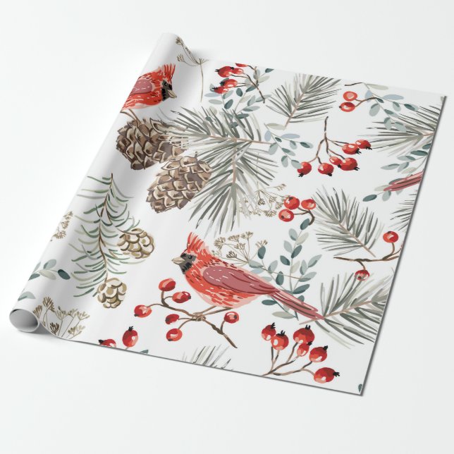 Papel De Regalo Navidades sin soldadura, pájaros cardinales, rojo (Desenrollado)