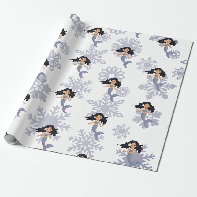 Papel De Regalo Navidades sirenas de copo de nieve plateado (Desenrollado)