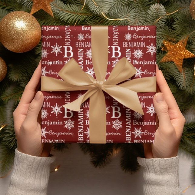 Papel De Regalo Navidades Snowflake Repetir nombre Personalizado (Christmas Snowflake Repeating Name Personalized Wrapping Paper)