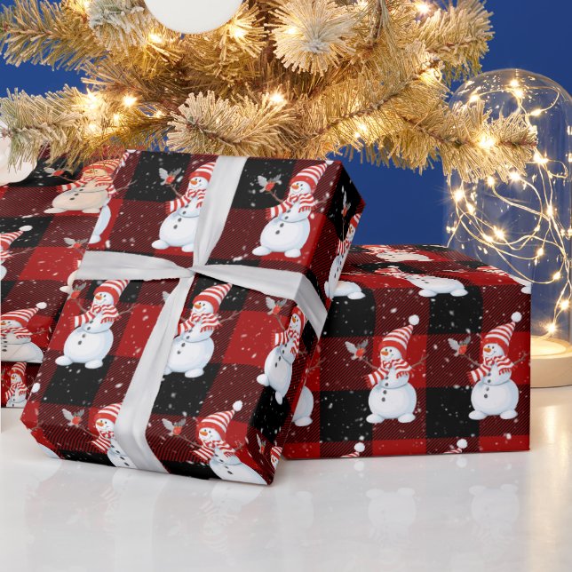 Papel De Regalo Navidades Snowman En Buffalo Plaid (Vacaciones)