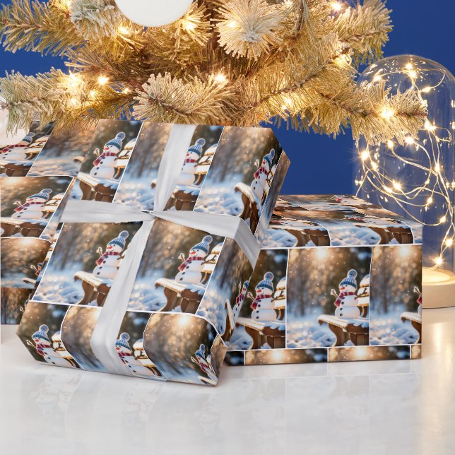 Papel De Regalo Navidades Snowman en un banco de parque (Vacaciones)