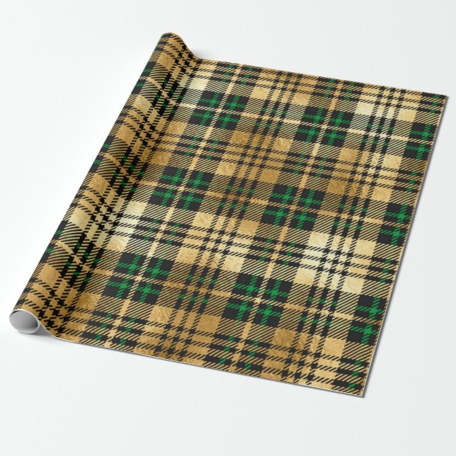 Papel De Regalo Navidades Spartan Plaid Dark Green Y Faux Gold (Desenrollado)