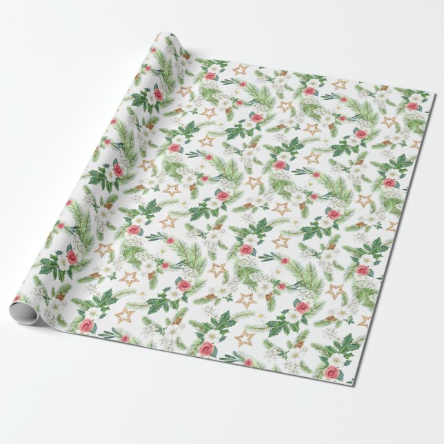 Papel De Regalo Navidades Subdivisión de Pinecones Rosas de acuare (Desenrollado)