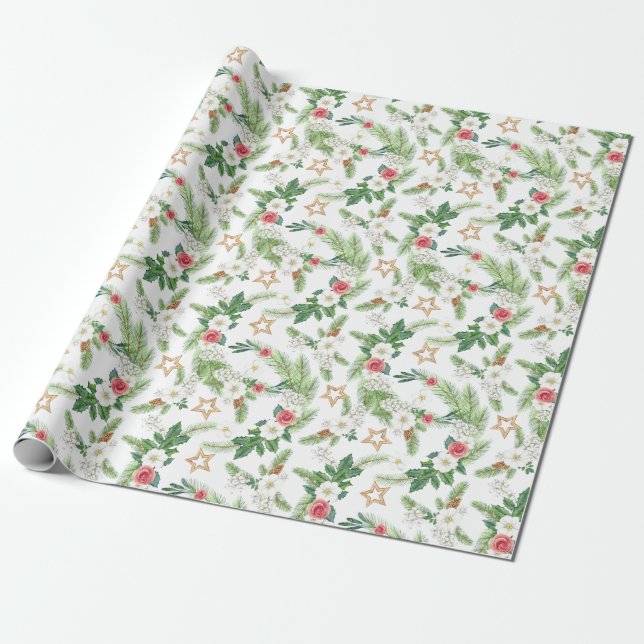 Papel De Regalo Navidades Subdivisión de Pino Acuarela Mistletoe (Desenrollado)