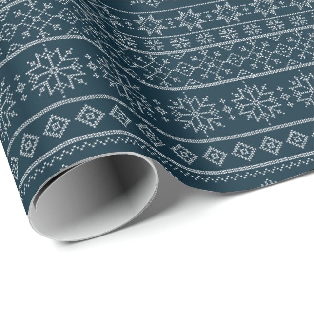 Papel De Regalo Navidades suéter feo knitwear copo de nieve azul (Esquina del rollo)