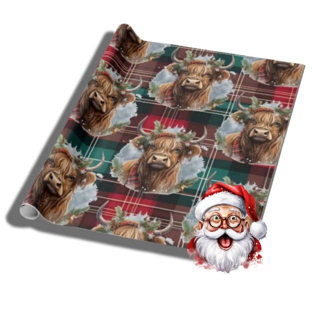 Papel De Regalo Navidades Tartán cazador verde vaca Highlander (Merry Christmas)