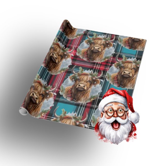 Papel De Regalo Navidades Tartán pacífico azul Highlander Cow (Merry Christmas Cow )