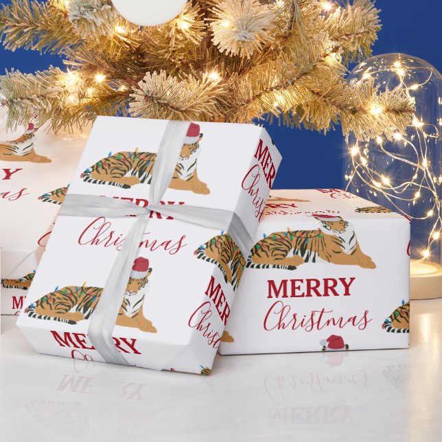 Papel De Regalo Navidades tigre, animal gracioso con Santa Hat (Vacaciones)