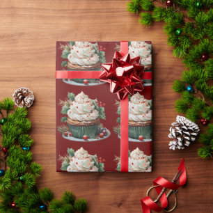 Papel De Regalo Navidades Torta Blanca Frosta Holly Berries Rojas