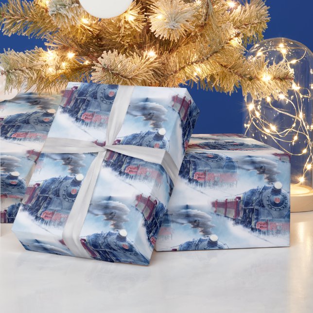 Papel De Regalo Navidades Tren de vapor Snowy Winter Landscape Blu (Vacaciones)