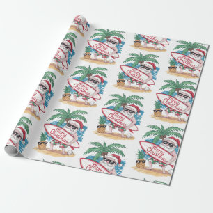Papel De Regalo Navidades Tropical Palm Tree Beach Surfing Santa