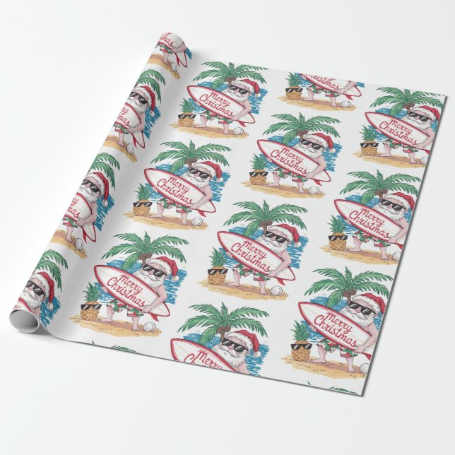 Papel De Regalo Navidades Tropical Palm Tree Beach Surfing Santa (Desenrollado)