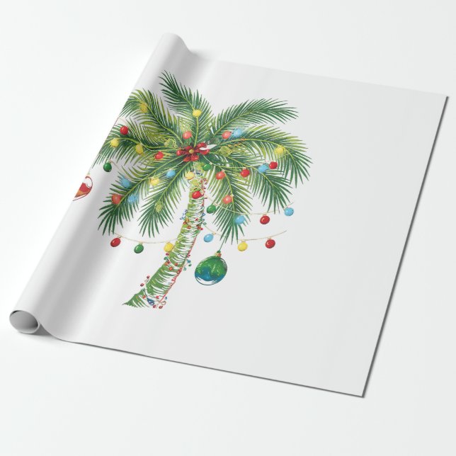 Papel De Regalo Navidades tropicales Palm Tree con Luces y Ornam (Desenrollado)