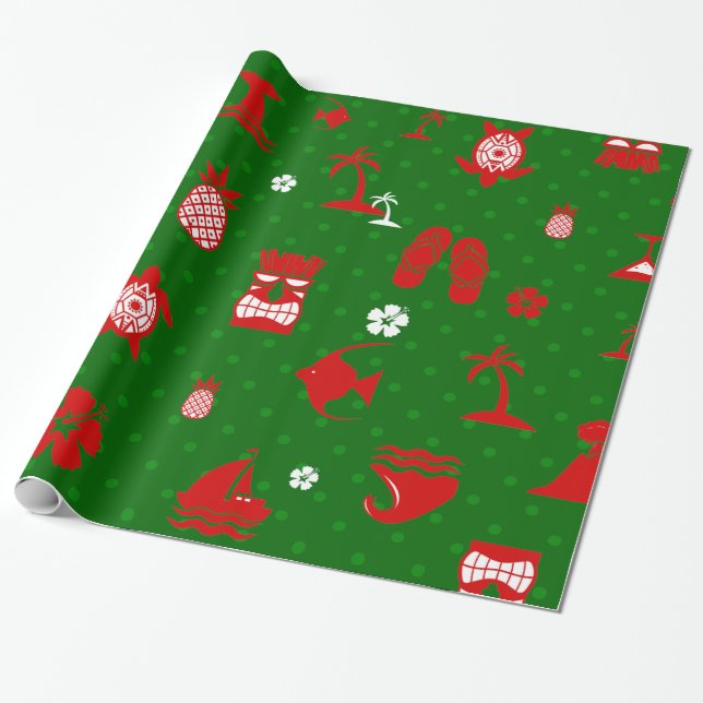 Papel De Regalo navidades tropicales verdes tiki retro (Desenrollado)