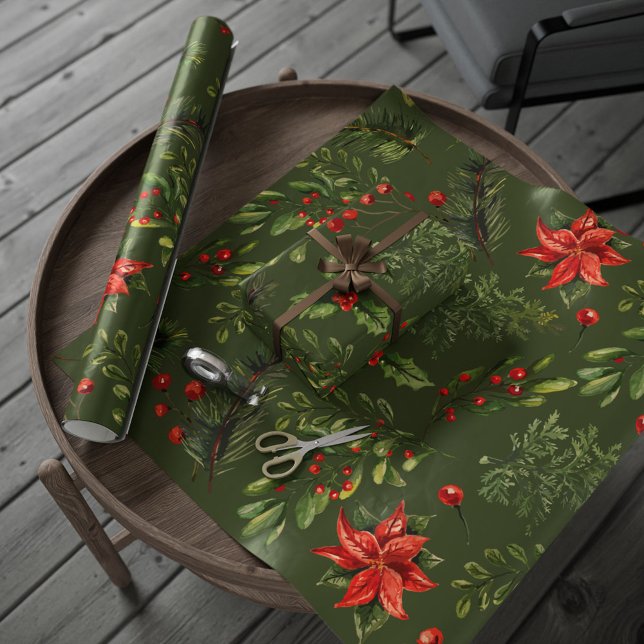 Papel De Regalo Navidades Vacaciones Berries Greenery Botánico (Botanical Holly Red Berries Christmas Wrapping Paper)