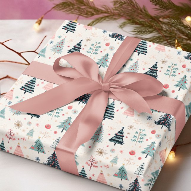 Papel De Regalo Navidades vacaciones de invierno Resumen Patrón de (Christmas Winter Holiday Abstract Tree Pattern Wrapping Paper - Dk Teal, Lt Teal Blue and Blush Pink)