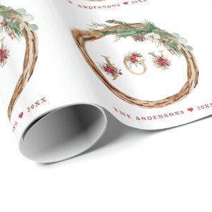 Papel De Regalo Navidades Vacaciones Wreath JOY Floral Script