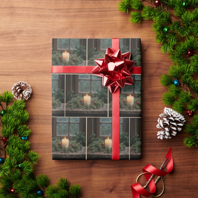 Papel De Regalo Navidades Velas En La Ventana De La Casa De Cultiv (Regalo de vacaciones)