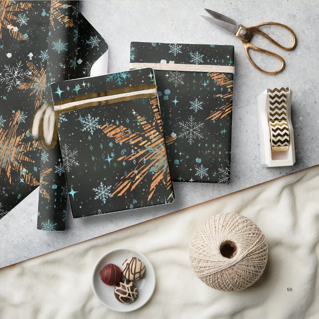 Papel De Regalo Navidades Verde azulados de copo de nieve de oro P (Gold Teal Snowflake Christmas Wrapping paper)
