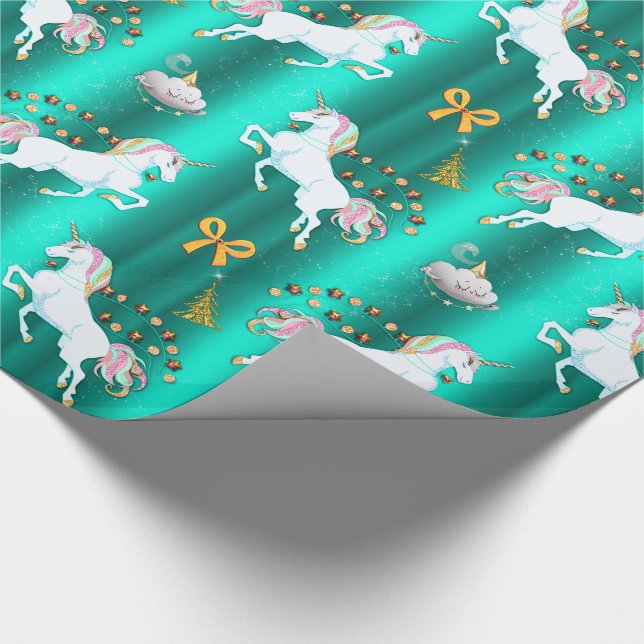 Papel De Regalo Navidades verde azulados de unicornio (Esquina)