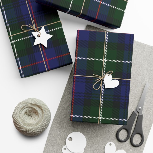Papel De Regalo Navidades verdes de Plaid Tartán ruso elegante (Green Blue Check Rustic Tartan  Wrapping Paper)