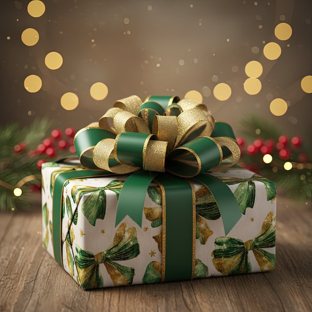 Papel De Regalo Navidades verdes dorados compiten con cosecha (Gold and green Christmas bows pattern for holiday gift wrapping paper)
