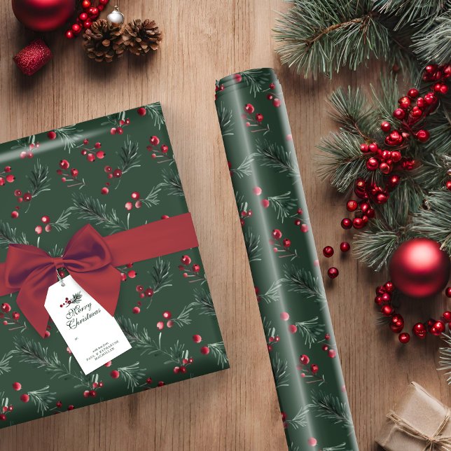Papel De Regalo Navidades verdes oscuros y rusos acuarela Botánica (Rustic Dark Green Christmas Watercolor Botanical Wrapping Paper)