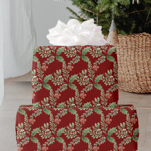 Papel De Regalo Navidades verdes rojos Holly Berry Botanical