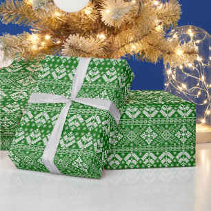 Papel De Regalo Navidades verdes y blancos Patrón de isla justo