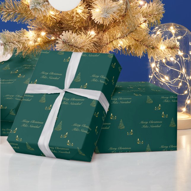 Papel De Regalo Navidades verdes y dorados Feliz Navidad bilingüe (Vacaciones)