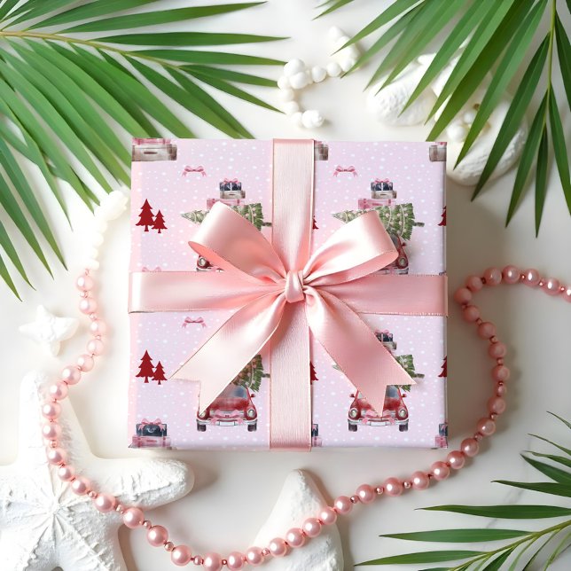 Papel De Regalo Navidades Viaje por carretera Moda Red Retro Acuar (Christmas Road Trip Chic Red Retro Watercolor Wrapping Paper)