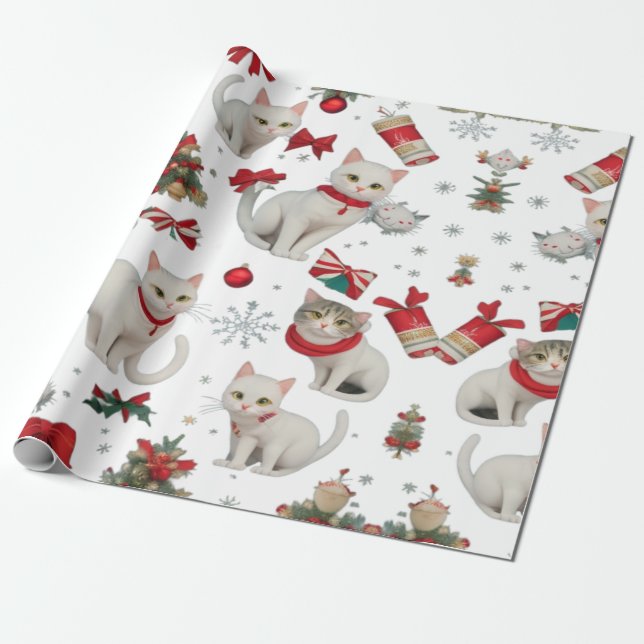 Papel De Regalo Navidades Vibes Patrón transparente de gatos (Desenrollado)