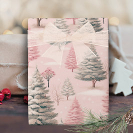 Papel De Regalo Navidades Vintage De Color Rosa Y Verde Pino Árbol