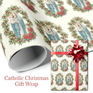 Papel De Regalo Navidades Virgen María Jesús Poinsettia Rosary